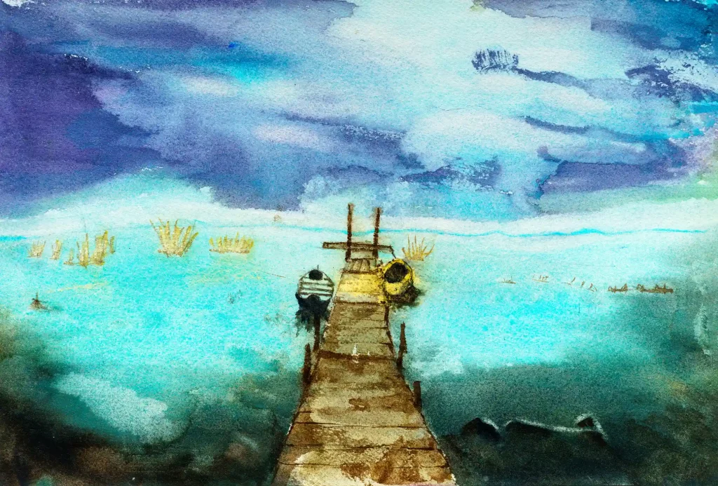 Muelle con Barcas, acuarela sobre papel de la artista Marta Prats